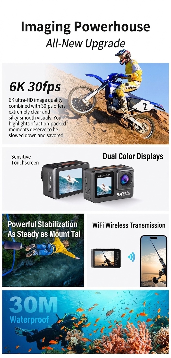 Cámara de acción OurLife 6K a 30 fps, sumergible hasta 30 m, doble pantalla, estabilización EIS, WiFi, ideal para vlogging deportivo.