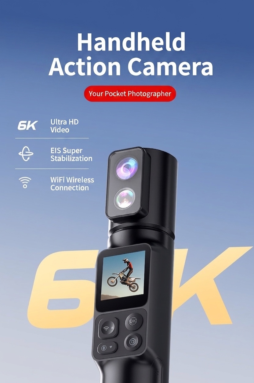 Cámara de acción portátil 6K, fotos de 50 MP, lente giratoria de 350°, estabilización EIS, WiFi, batería de 2600 mAh, cámara deportiva para vlogs.