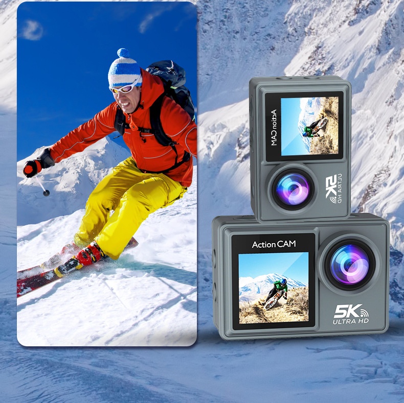 Cámara de acción OurLife 5K Ultra HD, resistente al agua hasta 30 m, EIS, doble pantalla, lente gran angular de 170°, cámara deportiva subacuática
