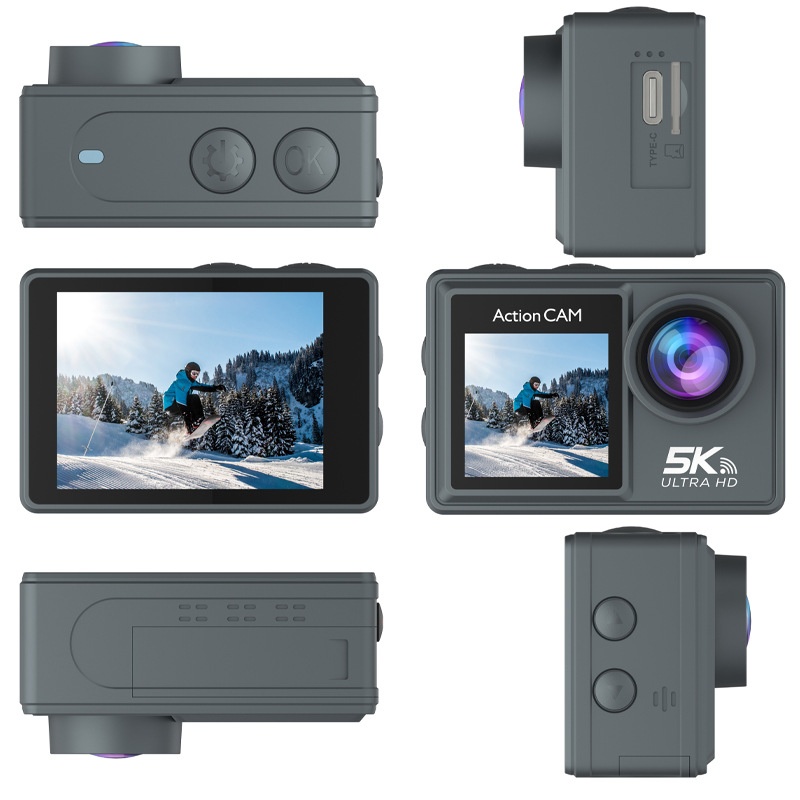 Cámara de acción OurLife 5K Ultra HD, resistente al agua hasta 30 m, EIS, doble pantalla, lente gran angular de 170°, cámara deportiva subacuática