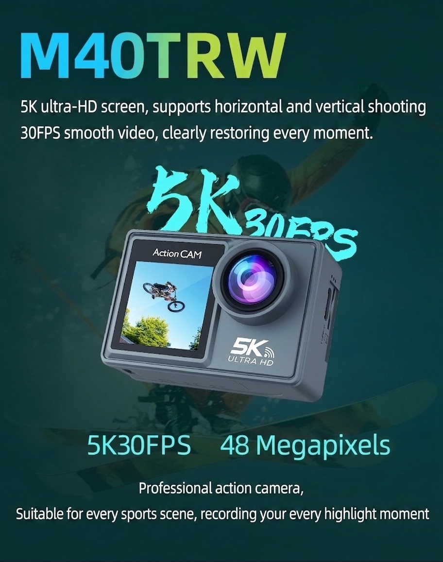 Cámara de acción OurLife 5K Ultra HD, resistente al agua hasta 30 m, EIS, doble pantalla, lente gran angular de 170°, cámara deportiva subacuática