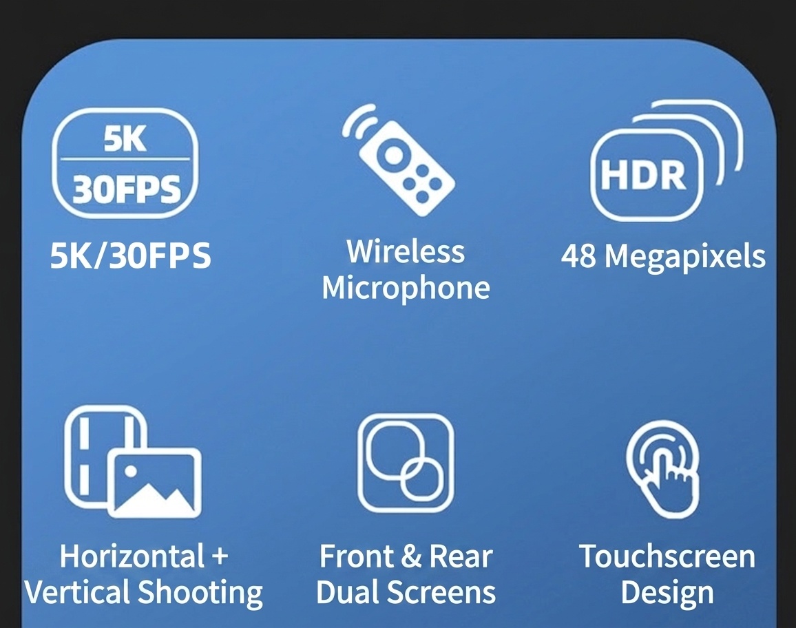 Cámara de acción OurLife 5K Ultra HD, resistente al agua hasta 30 m, EIS, doble pantalla, lente gran angular de 170°, cámara deportiva subacuática