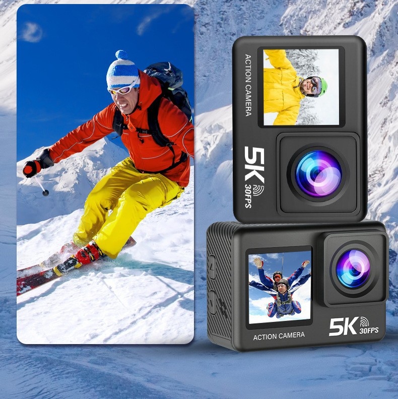 Cámara de acción 5K, resistente al agua hasta 30 m, estabilización electrónica de imagen (EIS) de 6 ejes, doble pantalla, WiFi, control remoto 2.4G, batería de 1050 mAh, cámara deportiva subacuática.