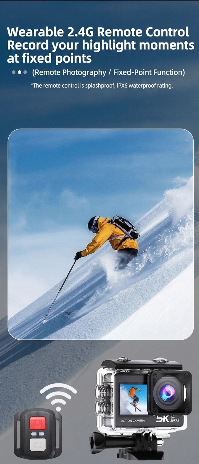 Cámara de acción 5K, resistente al agua hasta 30 m, estabilización electrónica de imagen (EIS) de 6 ejes, doble pantalla, WiFi, control remoto 2.4G, batería de 1050 mAh, cámara deportiva subacuática.