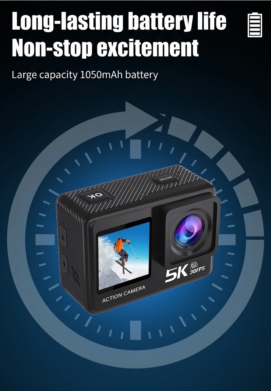 Cámara de acción 5K, resistente al agua hasta 30 m, estabilización electrónica de imagen (EIS) de 6 ejes, doble pantalla, WiFi, control remoto 2.4G, batería de 1050 mAh, cámara deportiva subacuática.