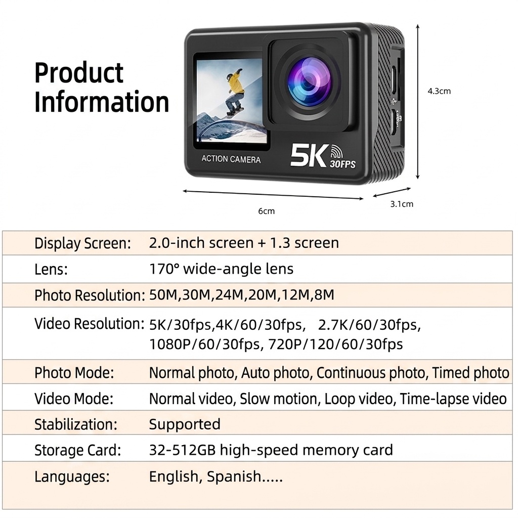 Cámara de acción 5K, resistente al agua hasta 30 m, estabilización electrónica de imagen (EIS) de 6 ejes, doble pantalla, WiFi, control remoto 2.4G, batería de 1050 mAh, cámara deportiva subacuática.