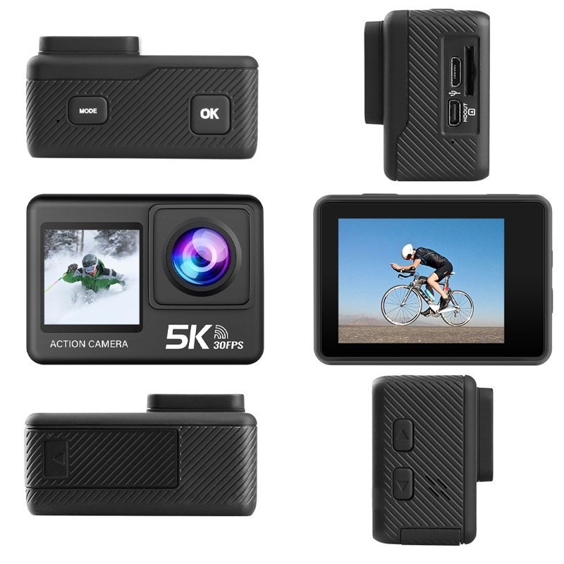 Cámara de acción 5K, resistente al agua hasta 30 m, estabilización electrónica de imagen (EIS) de 6 ejes, doble pantalla, WiFi, control remoto 2.4G, batería de 1050 mAh, cámara deportiva subacuática.