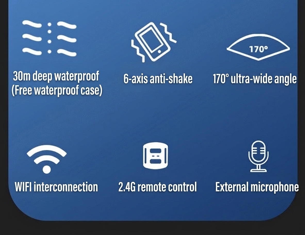 Cámara de acción 5K, resistente al agua hasta 30 m, estabilización electrónica de imagen (EIS) de 6 ejes, doble pantalla, WiFi, control remoto 2.4G, batería de 1050 mAh, cámara deportiva subacuática.