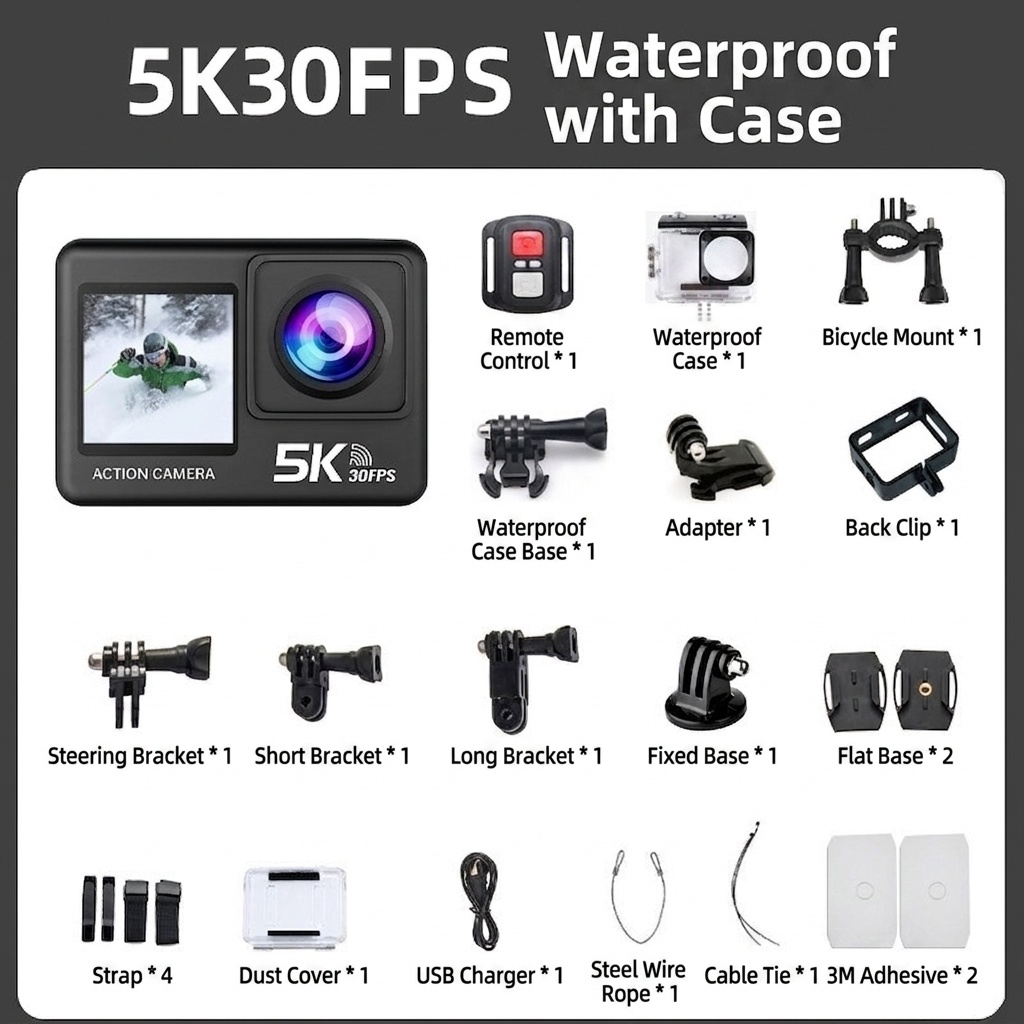 Cámara de acción 5K, resistente al agua hasta 30 m, estabilización electrónica de imagen (EIS) de 6 ejes, doble pantalla, WiFi, control remoto 2.4G, batería de 1050 mAh, cámara deportiva subacuática.