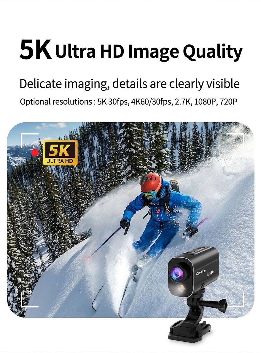 Cámara de acción OurLife 5K, resistente al agua, estabilización electrónica de imagen (EIS), WiFi, luz LED, batería de 1000 mAh, ideal para vlogs deportivos al aire libre.
