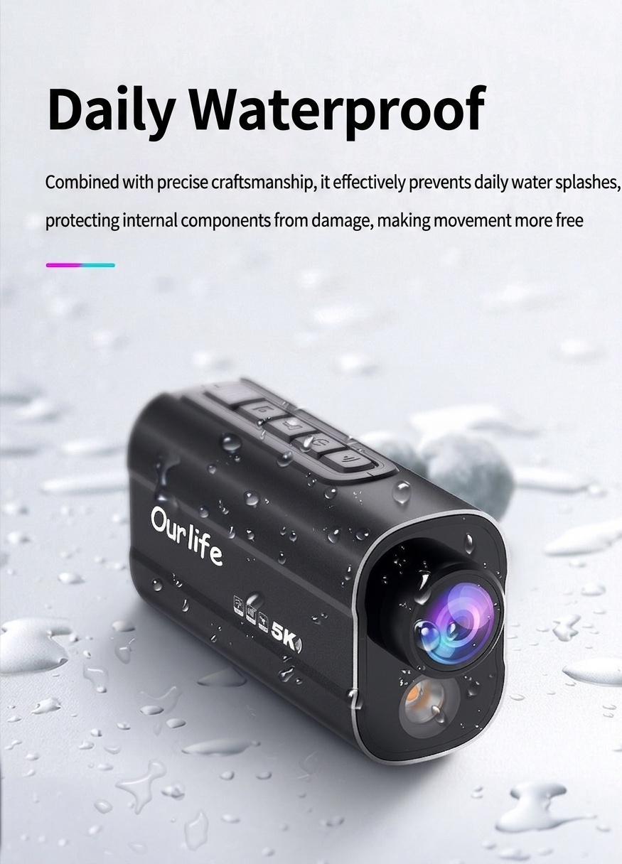 Cámara de acción OurLife 5K, resistente al agua, estabilización electrónica de imagen (EIS), WiFi, luz LED, batería de 1000 mAh, ideal para vlogs deportivos al aire libre.