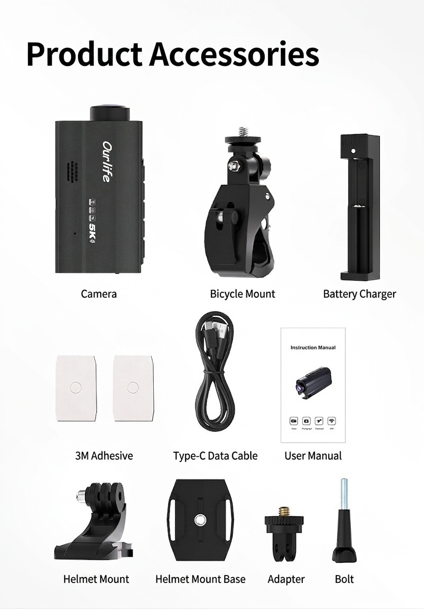 Cámara de acción OurLife 5K, resistente al agua, estabilización electrónica de imagen (EIS), WiFi, luz LED, batería de 1000 mAh, ideal para vlogs deportivos al aire libre.