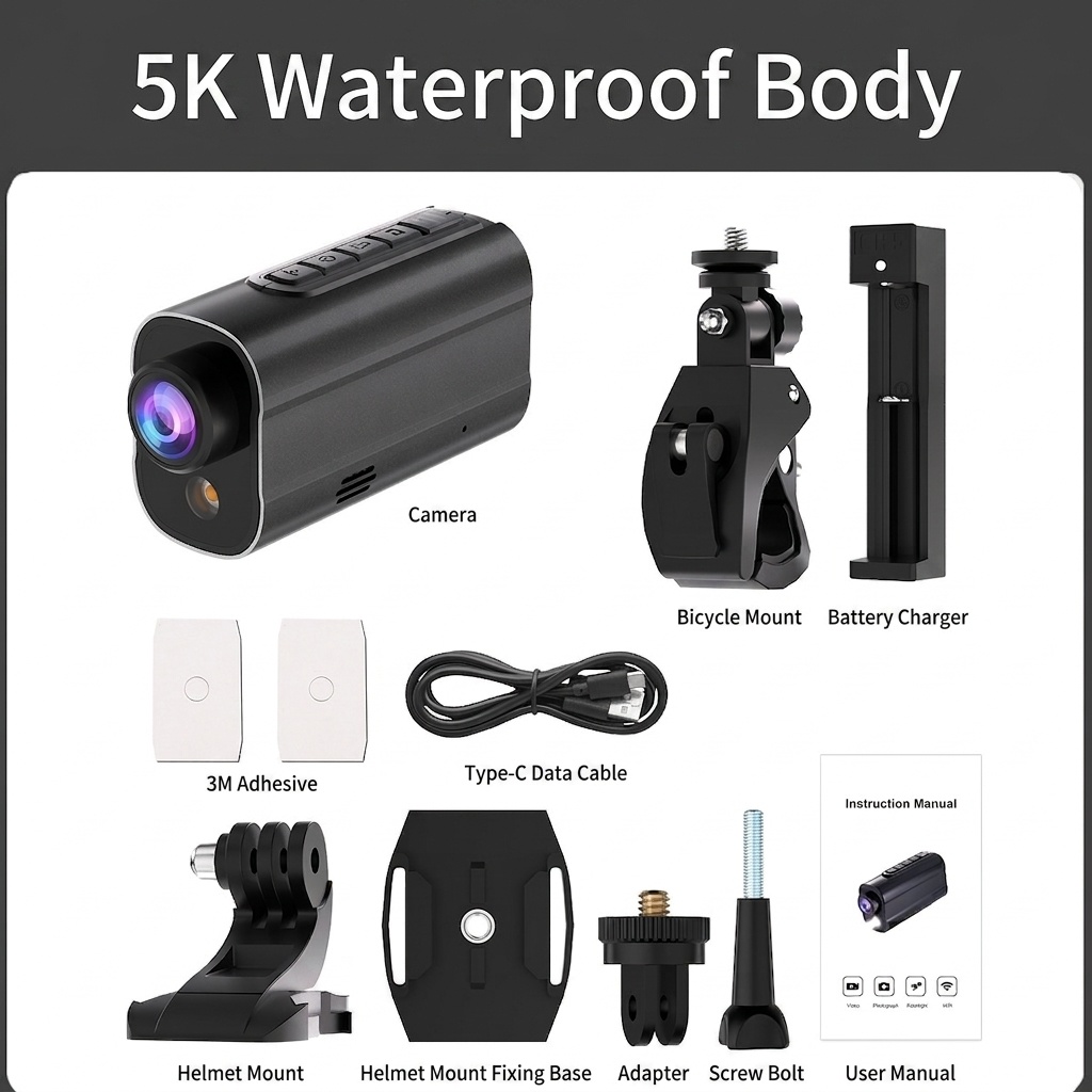Cámara de acción OurLife 5K, resistente al agua, estabilización electrónica de imagen (EIS), WiFi, luz LED, batería de 1000 mAh, ideal para vlogs deportivos al aire libre.