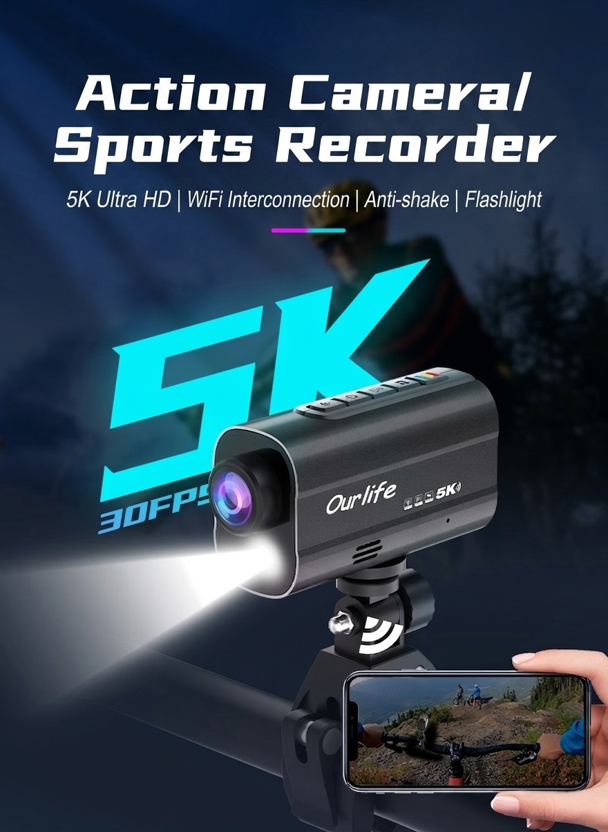 Cámara de acción OurLife 5K, resistente al agua, estabilización electrónica de imagen (EIS), WiFi, luz LED, batería de 1000 mAh, ideal para vlogs deportivos al aire libre.