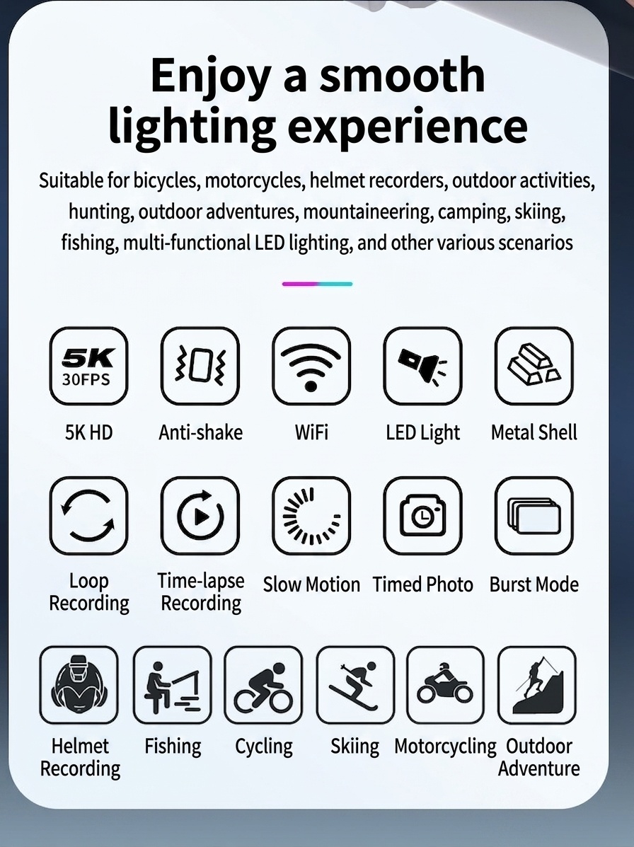 Cámara de acción OurLife 5K, resistente al agua, estabilización electrónica de imagen (EIS), WiFi, luz LED, batería de 1000 mAh, ideal para vlogs deportivos al aire libre.