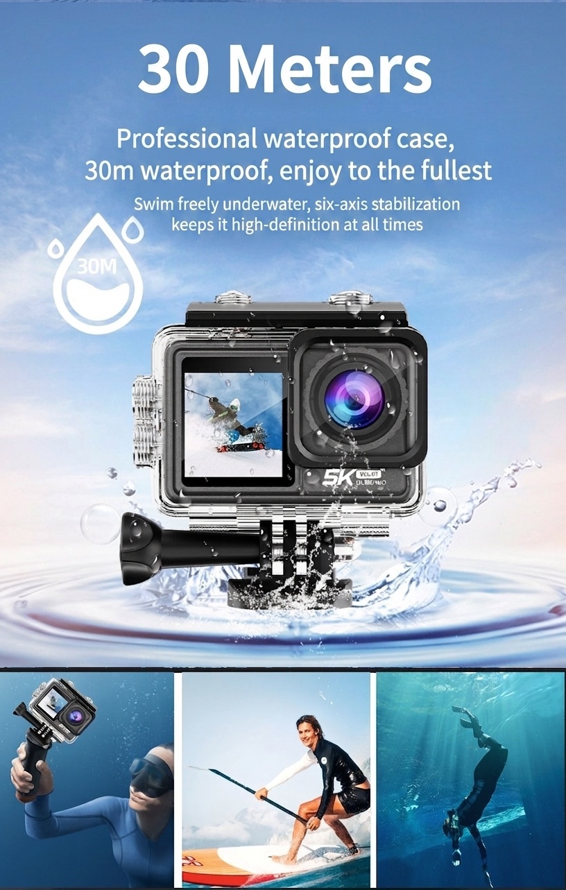 Cámara de acción OurLife 5K 30FPS, 48MP, resistente al agua hasta 30M, EIS de 6 ejes, doble pantalla, gran angular de 170°, cámara deportiva WiFi