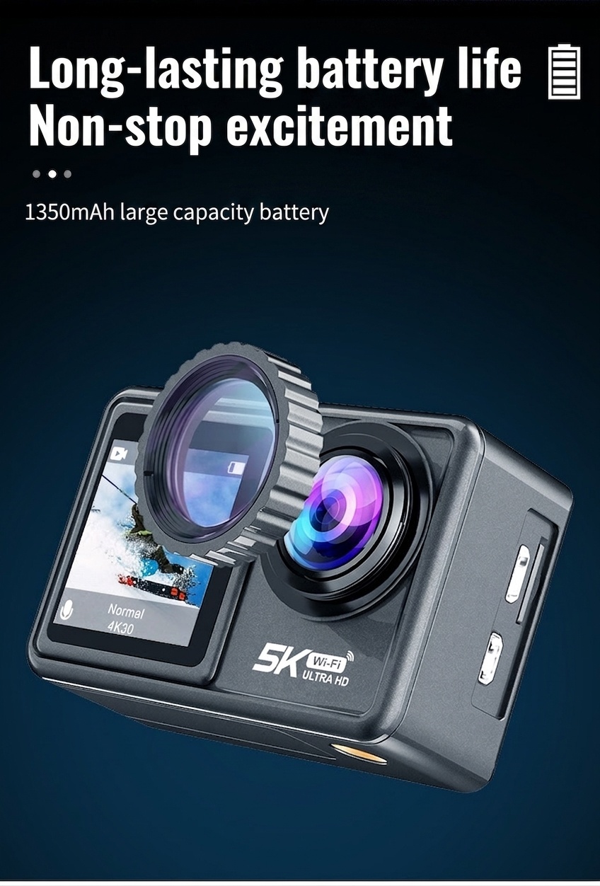 Cámara de acción OurLife 5K 30FPS, 48MP, resistente al agua hasta 30M, EIS de 6 ejes, doble pantalla, gran angular de 170°, cámara deportiva WiFi