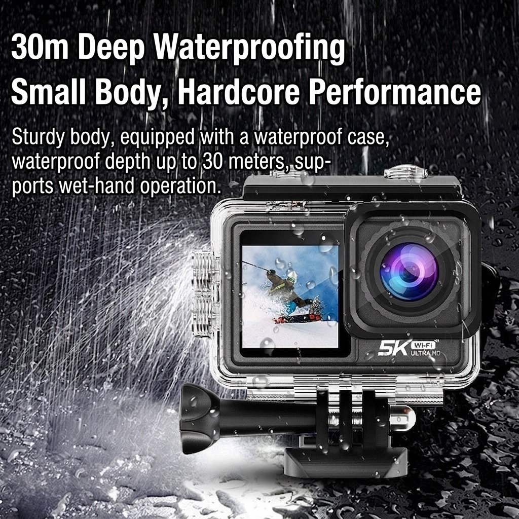 Cámara de acción OurLife 5K 30FPS, 48MP, resistente al agua hasta 30M, EIS de 6 ejes, doble pantalla, gran angular de 170°, cámara deportiva WiFi
