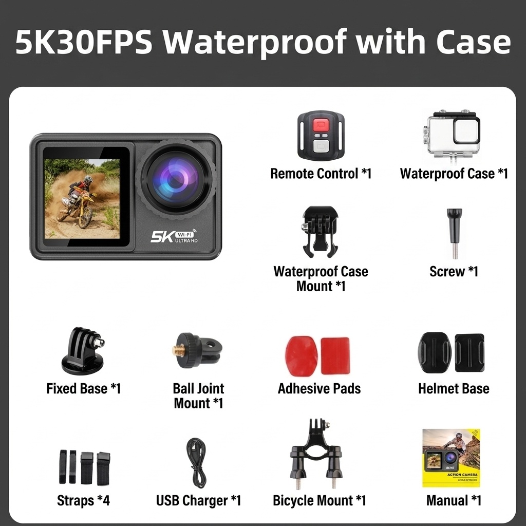 Cámara de acción OurLife 5K 30FPS, 48MP, resistente al agua hasta 30M, EIS de 6 ejes, doble pantalla, gran angular de 170°, cámara deportiva WiFi