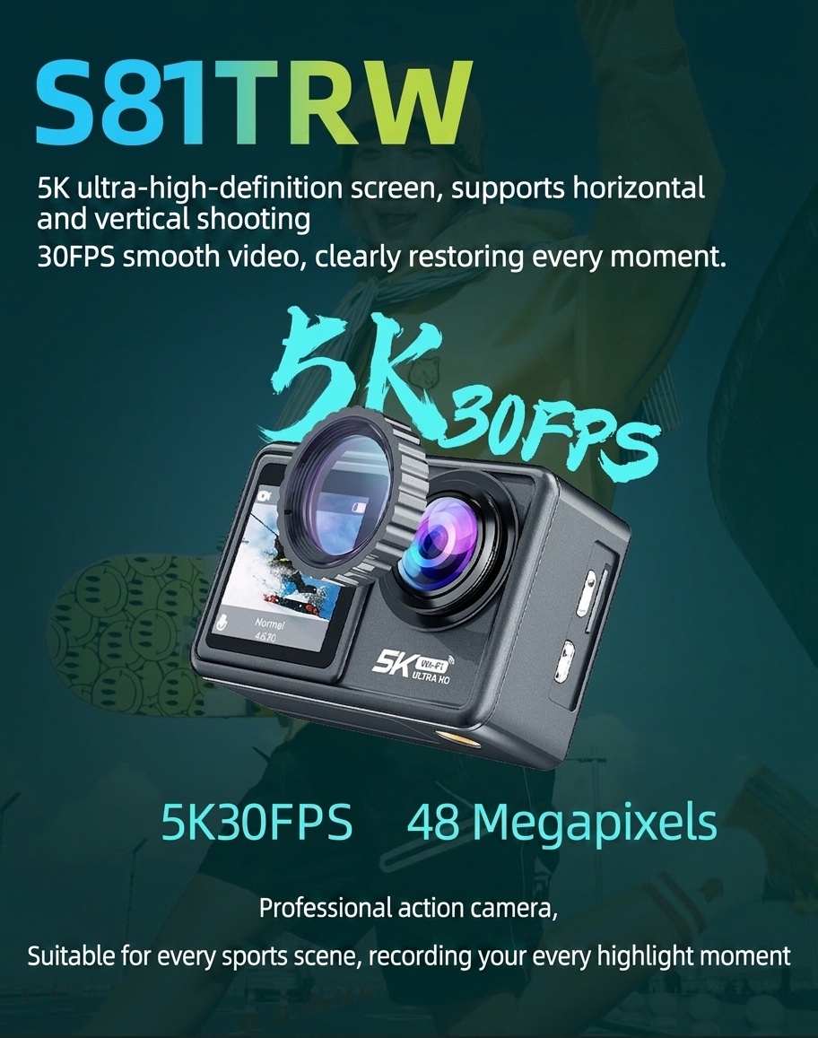 Cámara de acción OurLife 5K 30FPS, 48MP, resistente al agua hasta 30M, EIS de 6 ejes, doble pantalla, gran angular de 170°, cámara deportiva WiFi
