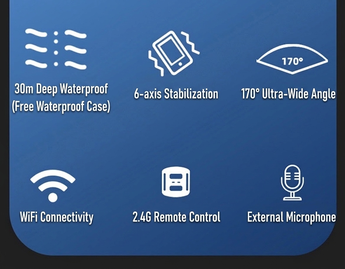 Cámara de acción OurLife 5K 30FPS, 48MP, resistente al agua hasta 30M, EIS de 6 ejes, doble pantalla, gran angular de 170°, cámara deportiva WiFi