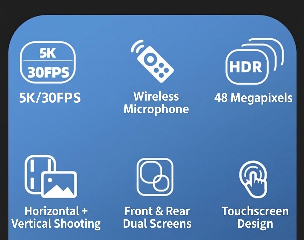 Cámara de acción OurLife 5K 30FPS, 48MP, resistente al agua hasta 30M, EIS de 6 ejes, doble pantalla, gran angular de 170°, cámara deportiva WiFi