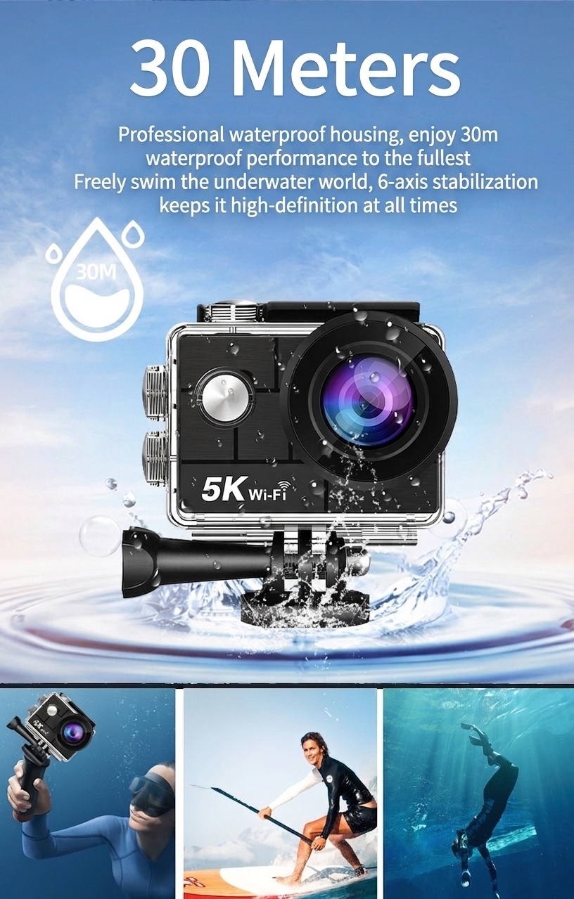 Cámara de acción 5K Ultra HD, 30 FPS, resistente al agua, estabilización electrónica de imagen de 6 ejes (EIS), WiFi, control remoto, pantalla a color dual, cámara para vlogs deportivos.