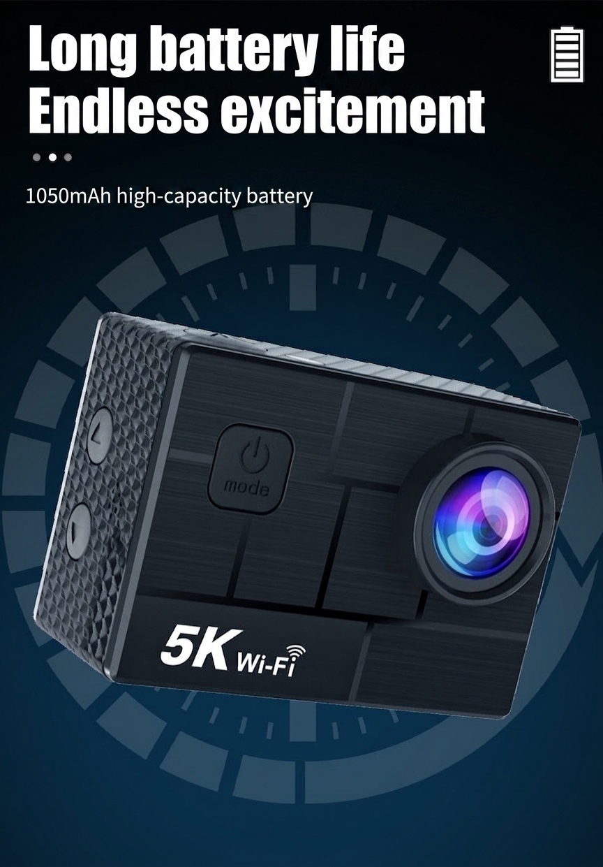 Cámara de acción 5K Ultra HD, 30 FPS, resistente al agua, estabilización electrónica de imagen de 6 ejes (EIS), WiFi, control remoto, pantalla a color dual, cámara para vlogs deportivos.