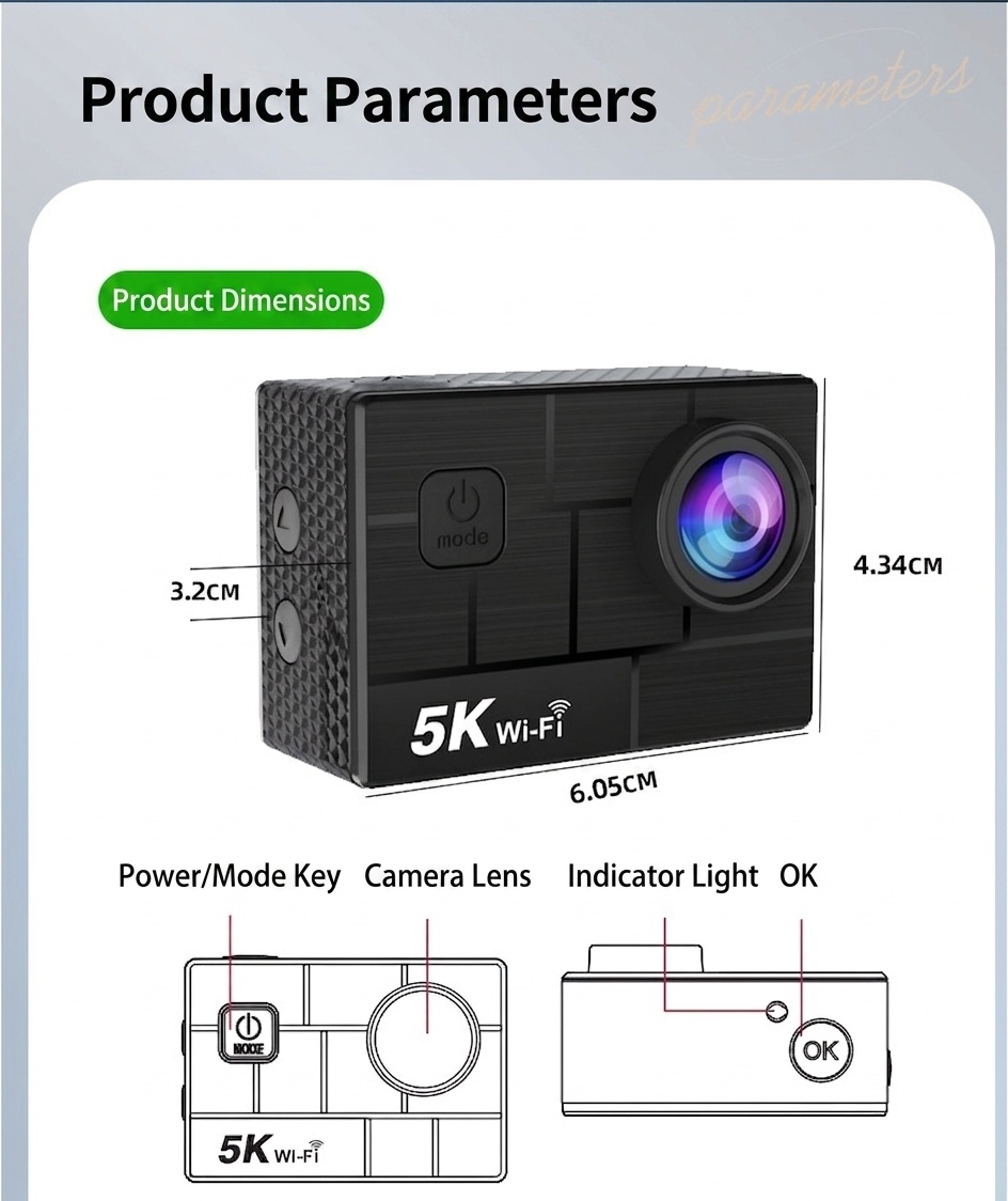 Cámara de acción 5K Ultra HD, 30 FPS, resistente al agua, estabilización electrónica de imagen de 6 ejes (EIS), WiFi, control remoto, pantalla a color dual, cámara para vlogs deportivos.