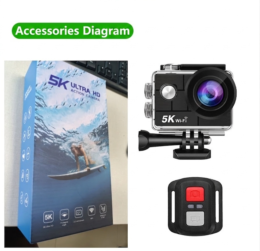 Cámara de acción 5K Ultra HD, 30 FPS, resistente al agua, estabilización electrónica de imagen de 6 ejes (EIS), WiFi, control remoto, pantalla a color dual, cámara para vlogs deportivos.