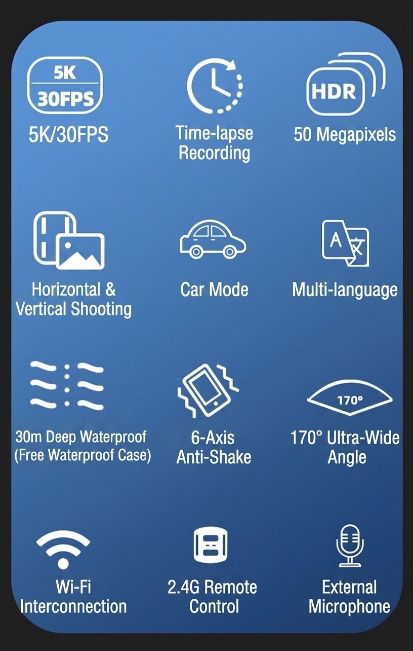 Cámara de acción 5K Ultra HD, 30 FPS, resistente al agua, estabilización electrónica de imagen de 6 ejes (EIS), WiFi, control remoto, pantalla a color dual, cámara para vlogs deportivos.