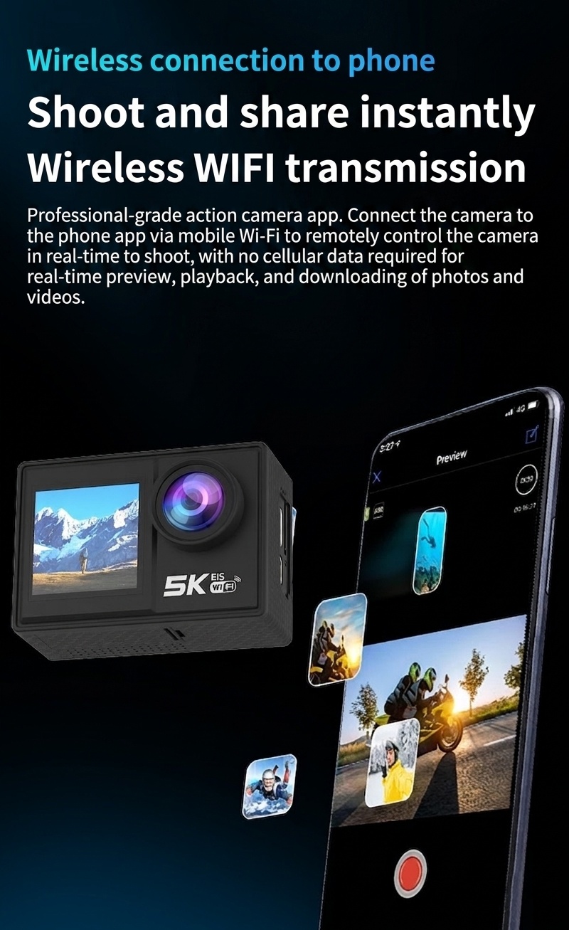 Cámara de acción OurLife 5K Ultra HD, resistente al agua hasta 30 m, estabilización EIS, doble pantalla, gran angular de 170°, cámara deportiva con pantalla táctil y WiFi.