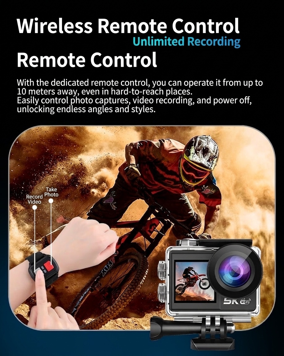 Cámara de acción OurLife 5K Ultra HD, resistente al agua hasta 30 m, estabilización EIS, doble pantalla, gran angular de 170°, cámara deportiva con pantalla táctil y WiFi.