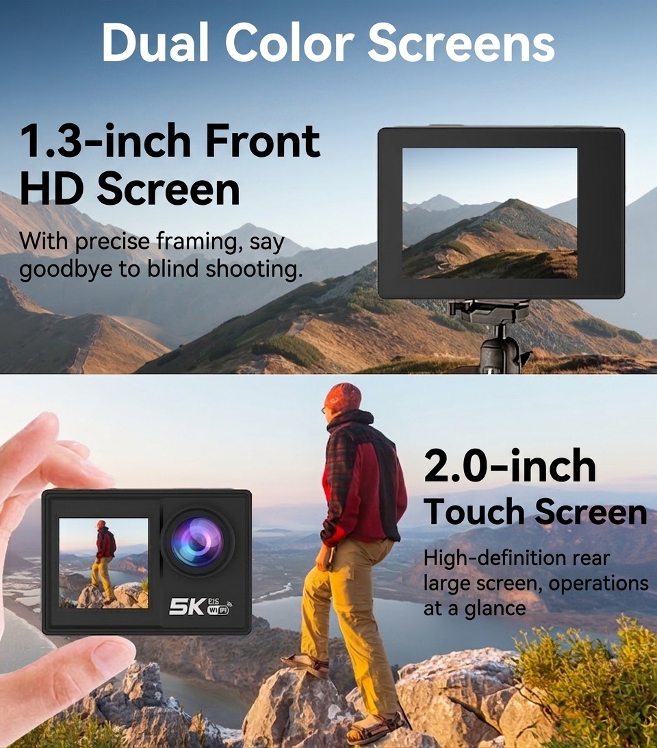 Cámara de acción OurLife 5K Ultra HD, resistente al agua hasta 30 m, estabilización EIS, doble pantalla, gran angular de 170°, cámara deportiva con pantalla táctil y WiFi.