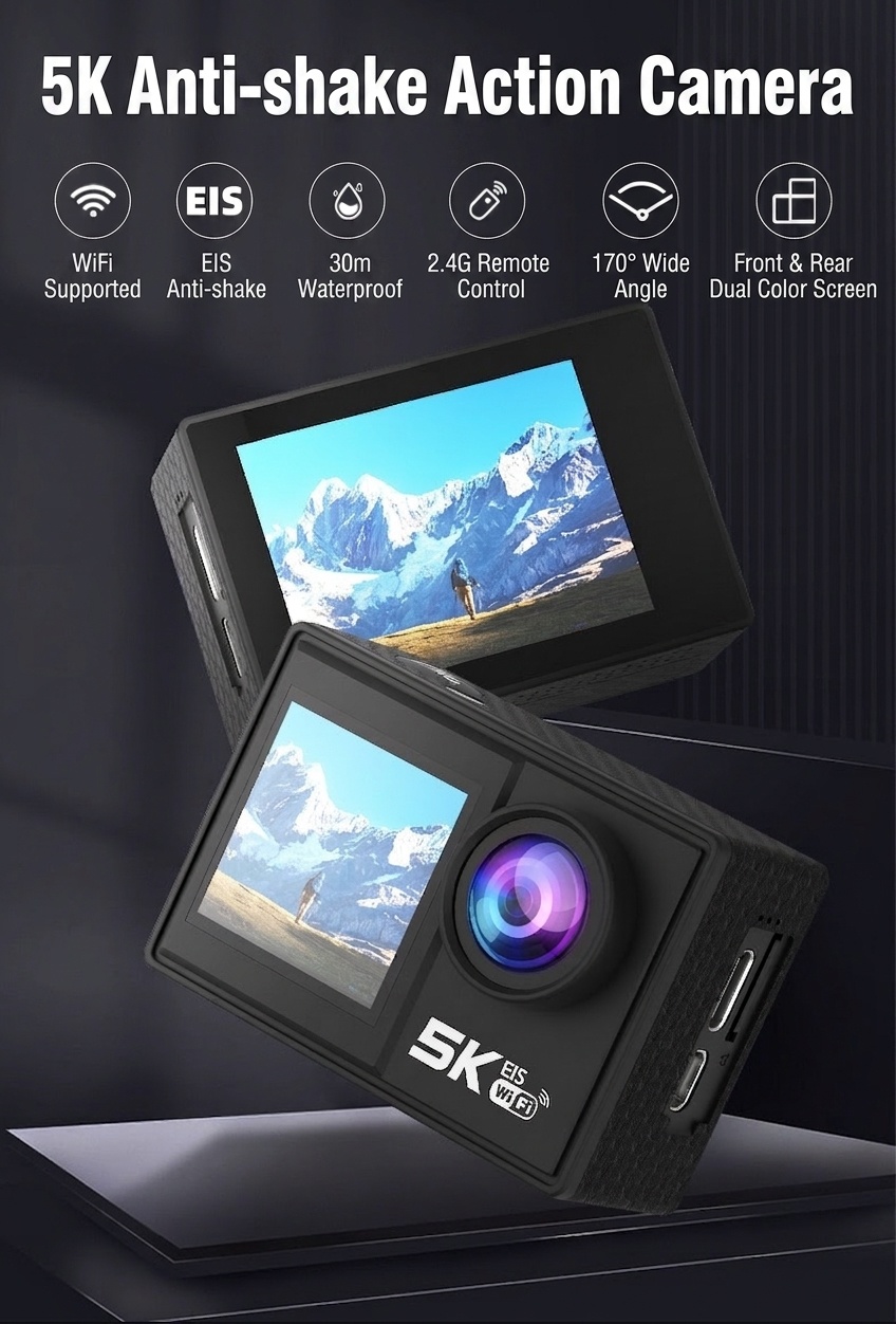 Cámara de acción OurLife 5K Ultra HD, resistente al agua hasta 30 m, estabilización EIS, doble pantalla, gran angular de 170°, cámara deportiva con pantalla táctil y WiFi.