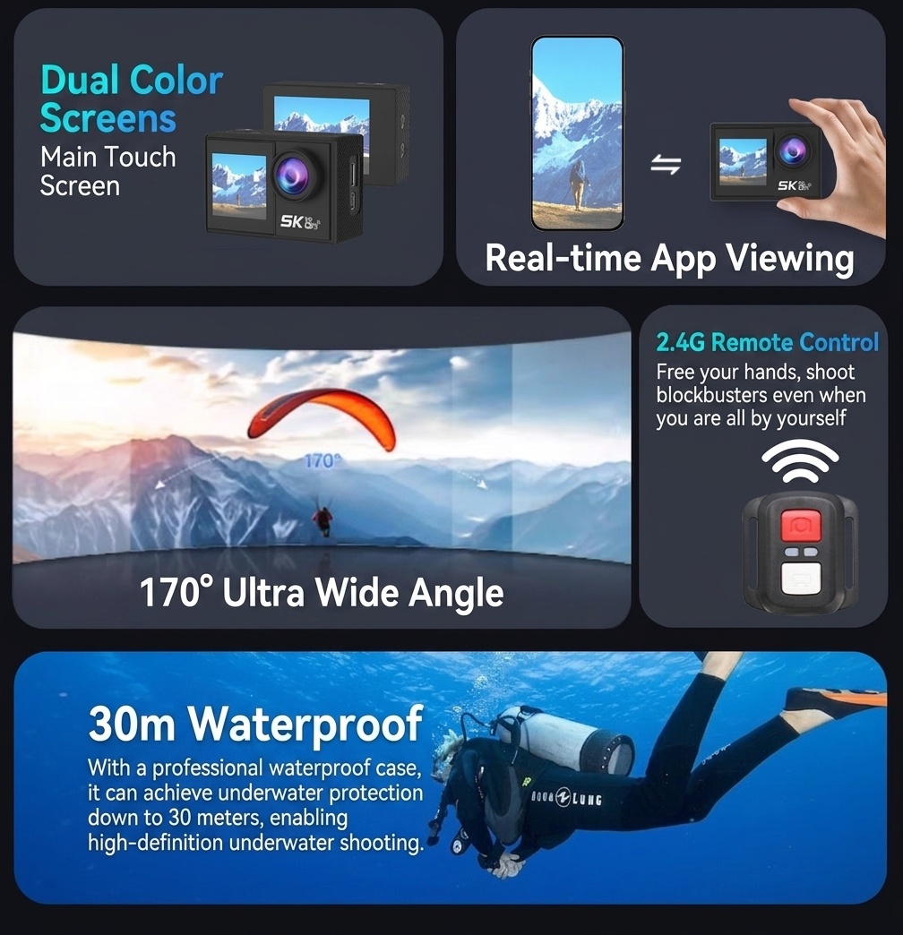 Cámara de acción OurLife 5K Ultra HD, resistente al agua hasta 30 m, estabilización EIS, doble pantalla, gran angular de 170°, cámara deportiva con pantalla táctil y WiFi.