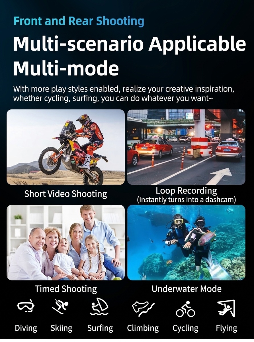 Cámara de acción OurLife 5K Ultra HD, resistente al agua hasta 30 m, estabilización EIS, doble pantalla, gran angular de 170°, cámara deportiva con pantalla táctil y WiFi.