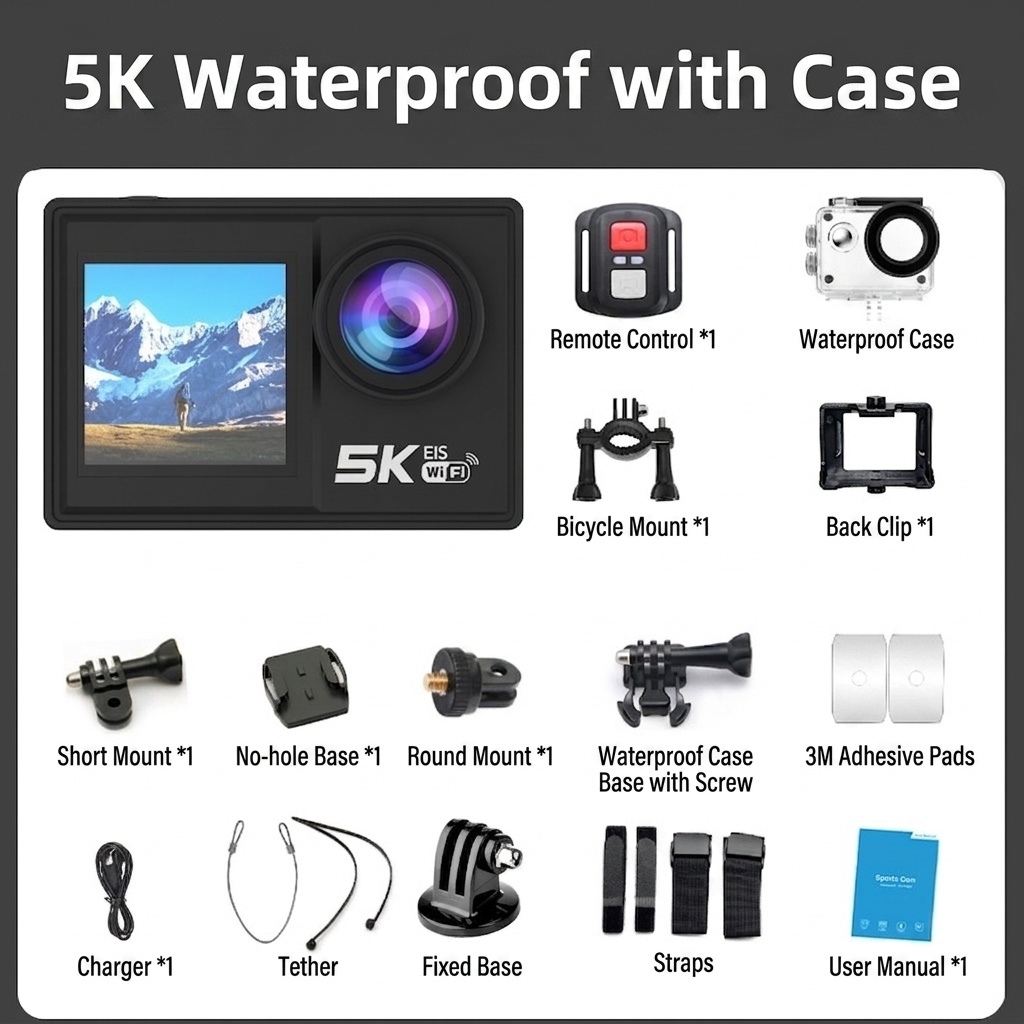 Cámara de acción OurLife 5K Ultra HD, resistente al agua hasta 30 m, estabilización EIS, doble pantalla, gran angular de 170°, cámara deportiva con pantalla táctil y WiFi.