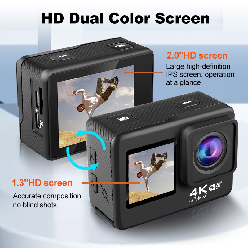 Cámara de acción 4K, sumergible hasta 30 m, doble pantalla HD, lente gran angular de 170°, WiFi, cámara para vlogs deportivos subacuáticos.