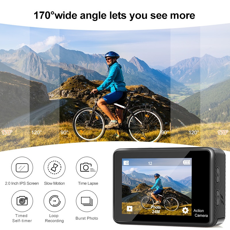 Cámara de acción 4K, sumergible hasta 30 m, doble pantalla HD, lente gran angular de 170°, WiFi, cámara para vlogs deportivos subacuáticos.