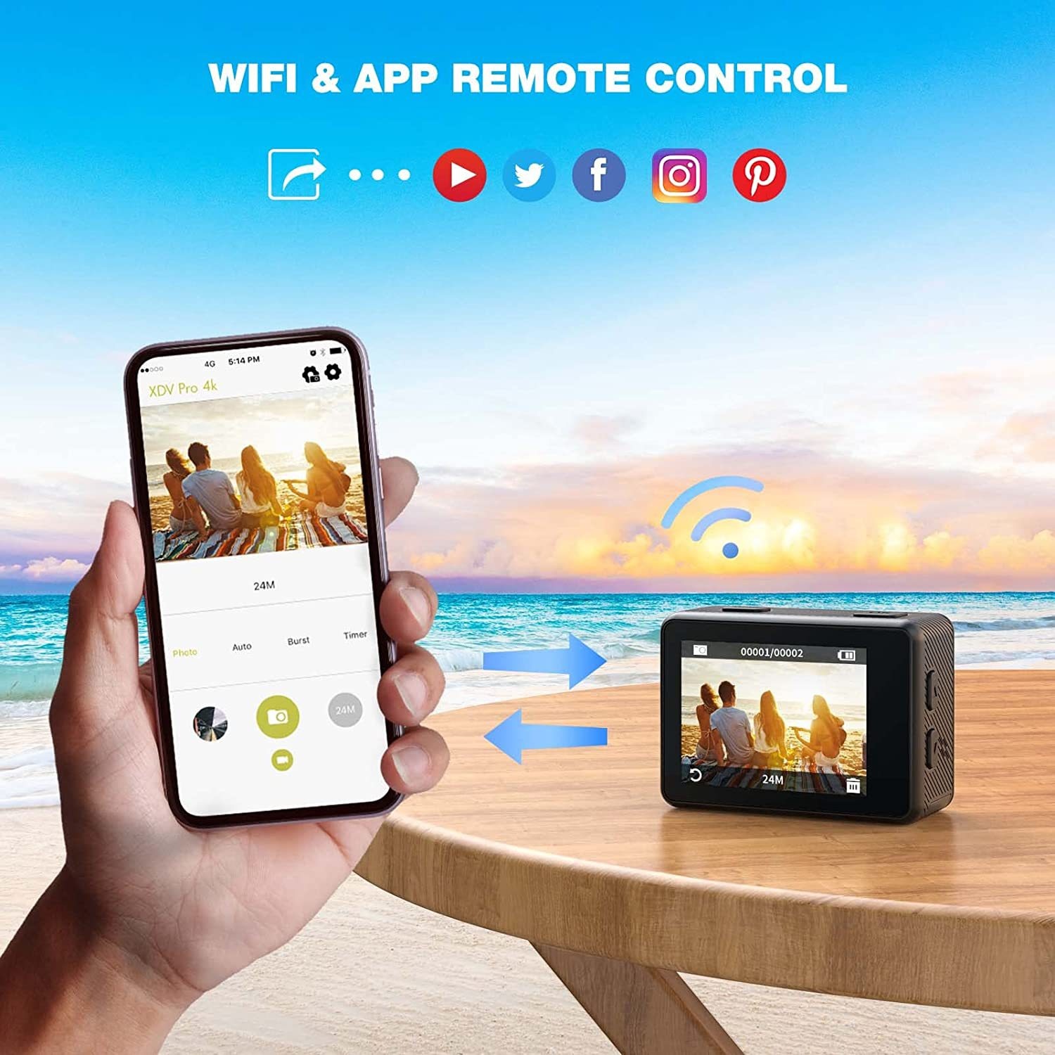 Cámara de acción 4K, sumergible hasta 30 m, doble pantalla HD, lente gran angular de 170°, WiFi, cámara para vlogs deportivos subacuáticos.