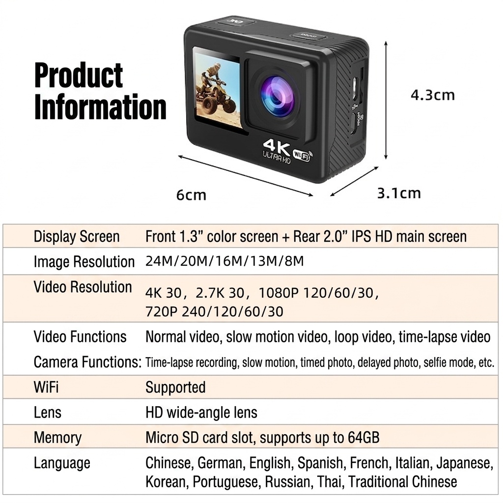 Cámara de acción 4K, sumergible hasta 30 m, doble pantalla HD, lente gran angular de 170°, WiFi, cámara para vlogs deportivos subacuáticos.