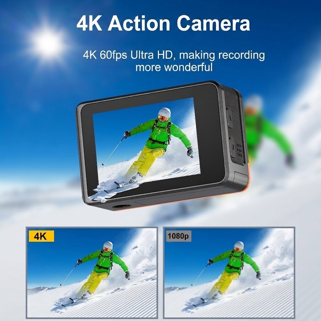 Cámara de acción 4K a 60 FPS, carcasa impermeable, doble pantalla, WiFi, 24 MP, cámara subacuática para vlogs de deportes extremos.