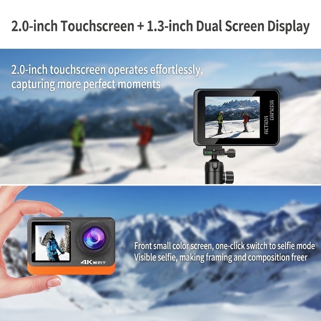 Cámara de acción 4K a 60 FPS, carcasa impermeable, doble pantalla, WiFi, 24 MP, cámara subacuática para vlogs de deportes extremos.