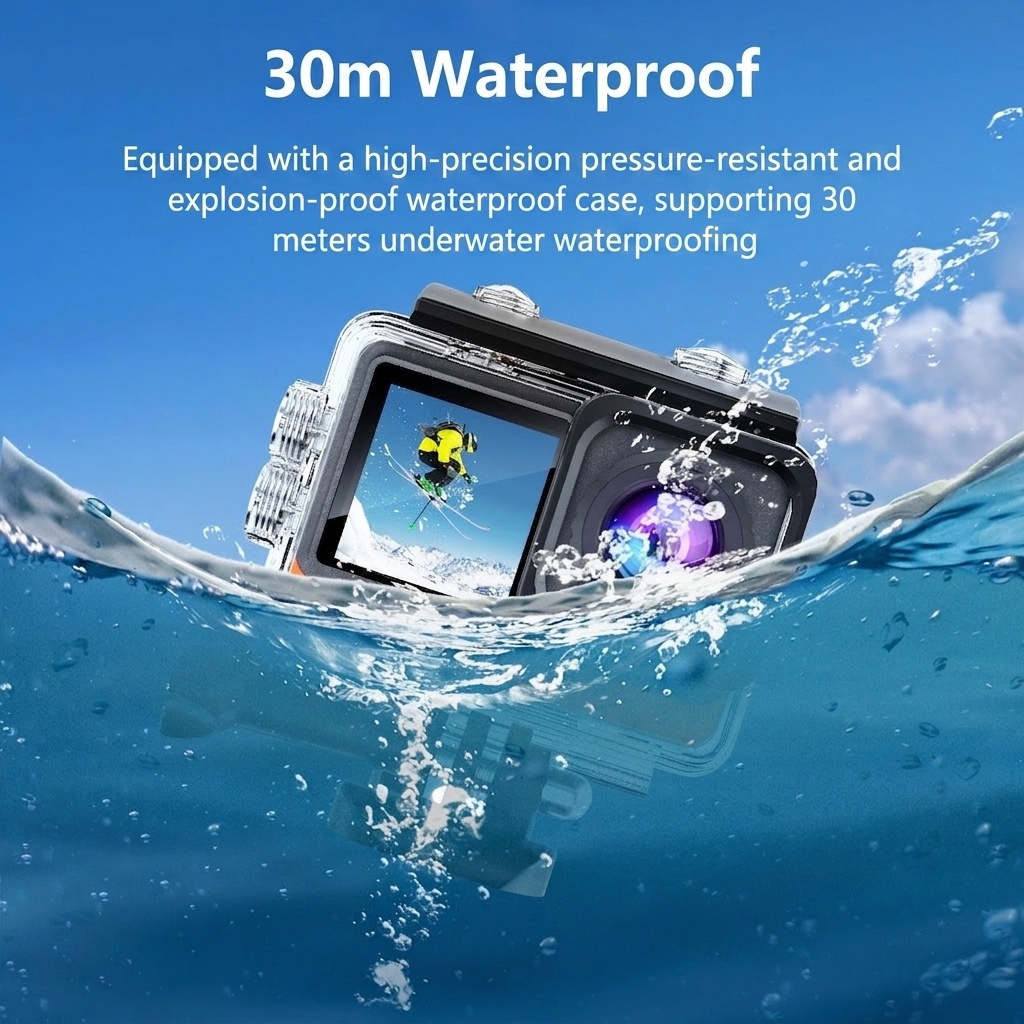 Cámara de acción 4K a 60 FPS, carcasa impermeable, doble pantalla, WiFi, 24 MP, cámara subacuática para vlogs de deportes extremos.