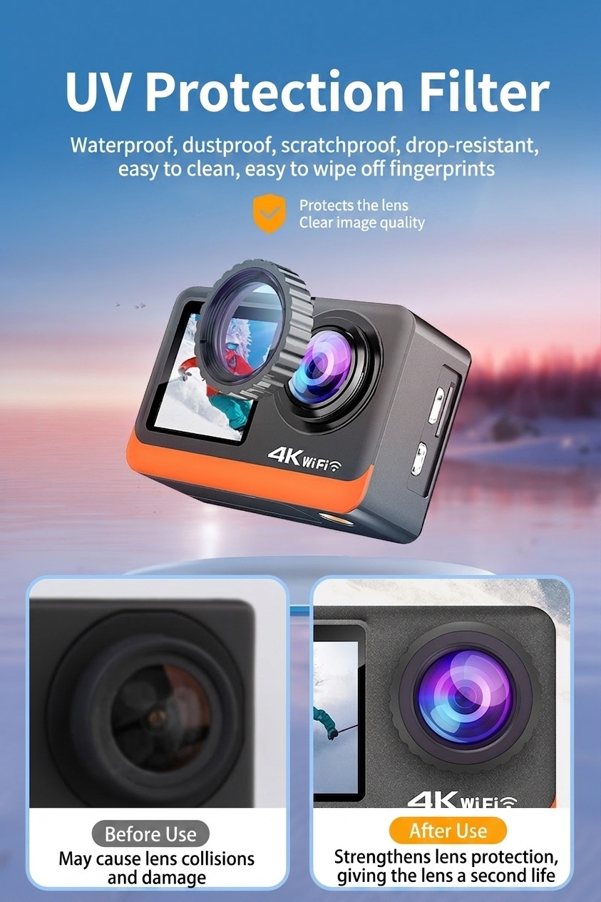 Cámara de acción 4K a 60 FPS, carcasa impermeable, doble pantalla, WiFi, 24 MP, cámara subacuática para vlogs de deportes extremos.