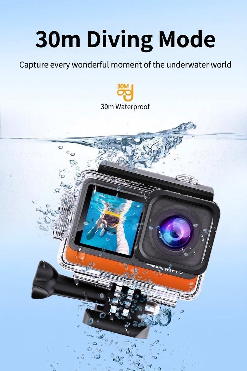 Cámara de acción 4K a 60 FPS, carcasa impermeable, doble pantalla, WiFi, 24 MP, cámara subacuática para vlogs de deportes extremos.