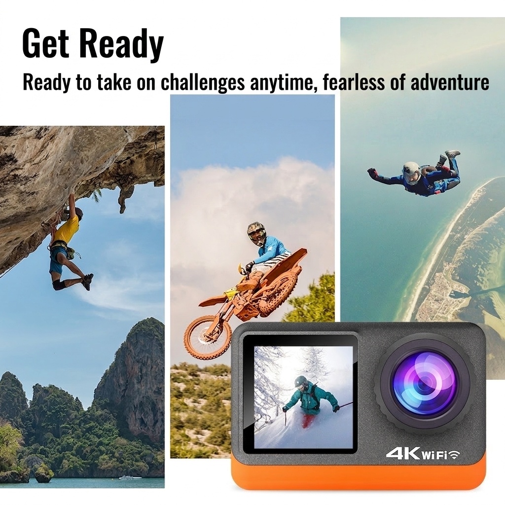 Cámara de acción 4K a 60 FPS, carcasa impermeable, doble pantalla, WiFi, 24 MP, cámara subacuática para vlogs de deportes extremos.