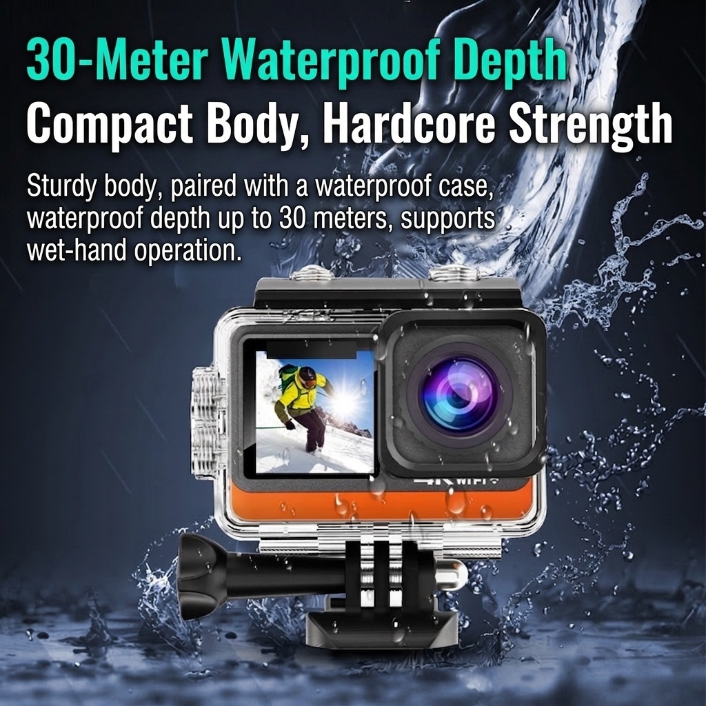 Cámara de acción 4K a 60 FPS, carcasa impermeable, doble pantalla, WiFi, 24 MP, cámara subacuática para vlogs de deportes extremos.