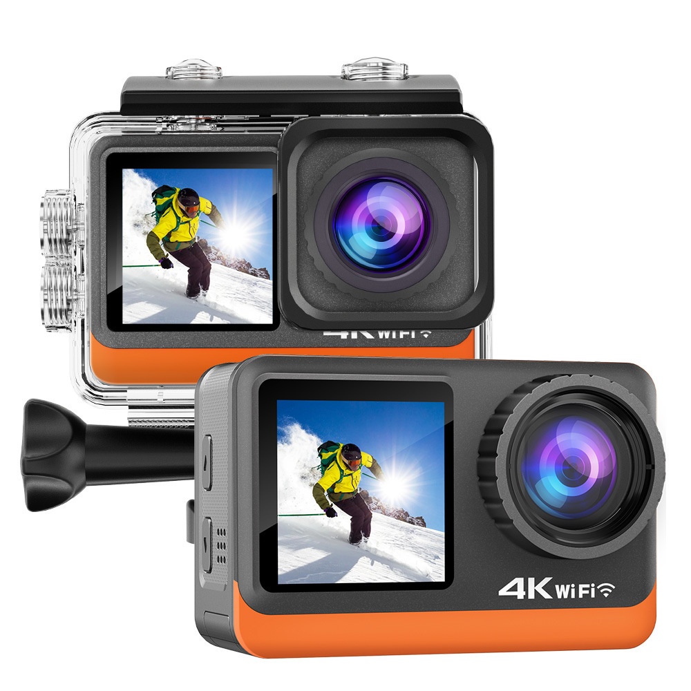 Cámara de acción 4K a 60 FPS, carcasa impermeable, doble pantalla, WiFi, 24 MP, cámara subacuática para vlogs de deportes extremos.